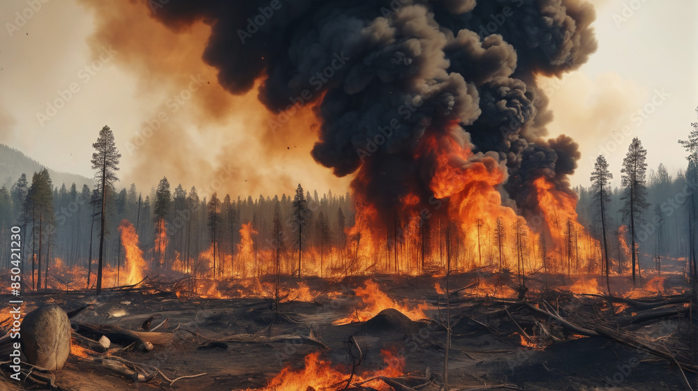 Fototapeta premium Devastating wildfires sweeping across the planet, fueled by climate change and human negligence, Generative AI