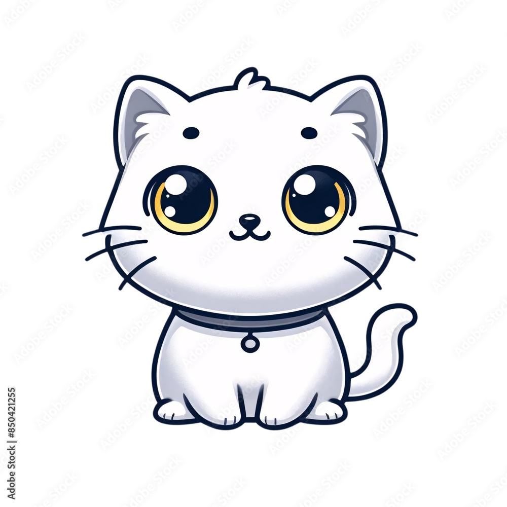 Fototapeta premium A white cat sitting on a transparent background and looking directly at the viewer with big, yellow eyes. The cat has a small nose
