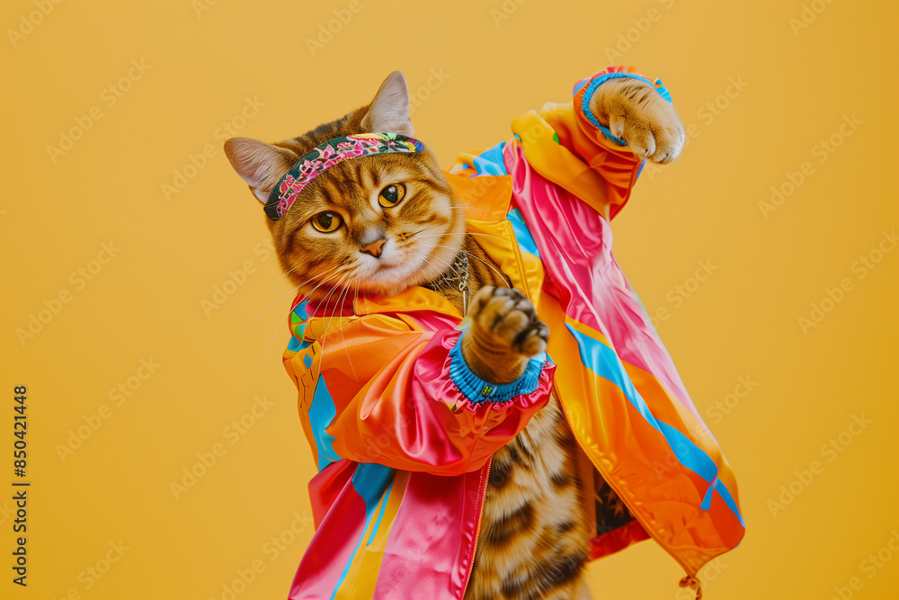 Playful Cat Wearing Funny Headband and Colorful Clothes Dancing, Solid Background with Copy Space Playful Cat Wearing Funny Headband and Colorful Clothes Dancing, Solid Background with Copy Space