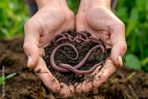 Cupped hands holding rich soil with wriggling earthworms, symbolizing fertility photo