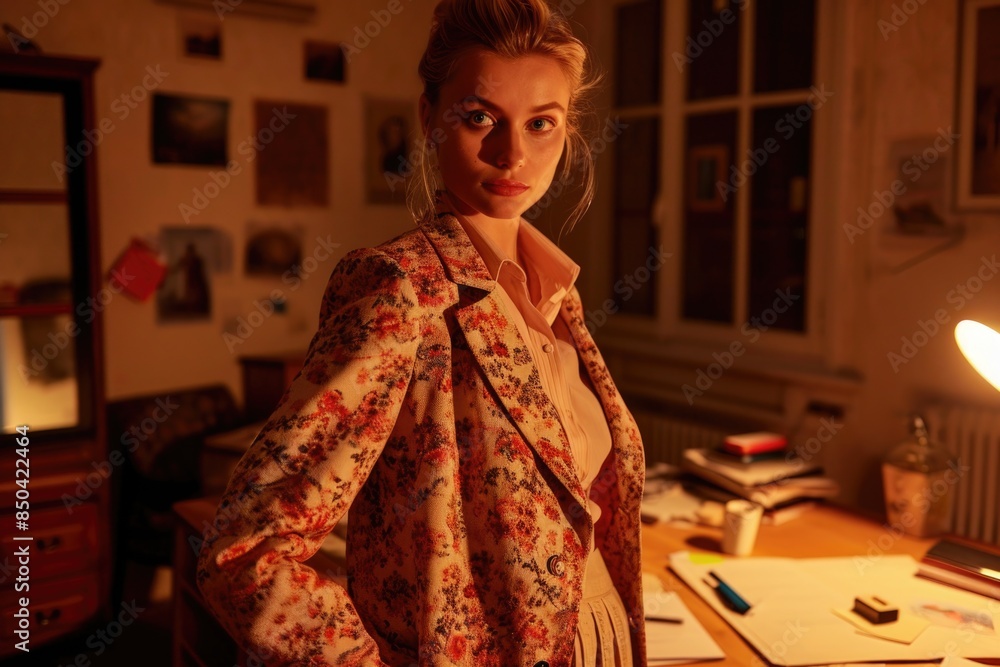 A woman stands in front of a desk with a lamp, perfect for office or study settings A woman stands in front of a desk with a lamp, perfect for office or study settings