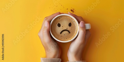 Close-up of a Woman's Hand Holding a Coffee Cup with a Sad Face Drawn on the Foam，emphasizes the solitary nature of the moment, creating a poignant and relatable image for those experiencing sadness o photo