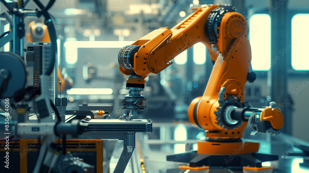 A robotic arm assembling a complex machine in a high-tech factory. A robotic arm assembling a complex machine in a high-tech factory.
