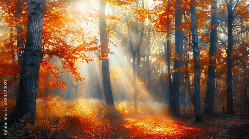 Fototapeta premium Autumn forest nature Vivid morning in colorful forest with sun rays through branches of trees Scenery of nature with sunlight : Generative AI