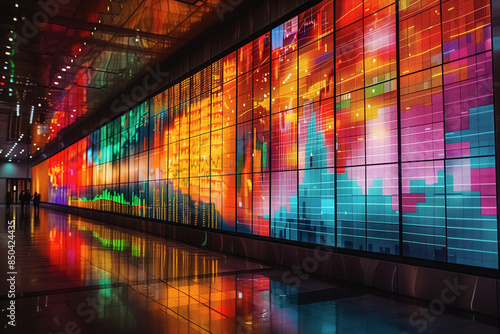 A vibrant, futuristic hallway illuminated by colorful digital screens displaying dynamic graphics and data, heat map