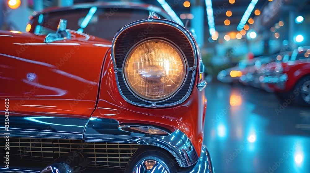 Close-up of a Car Headlight in a Car Showroom - Cinematic Automotive Detail Close-up of a Car Headlight in a Car Showroom - Cinematic Automotive Detail