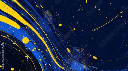 abstract illustration inspired by data visualization, minimal and sparse composition, utilizing mostly dark navy color with small amounts of neon yellow and saturated royal blue 