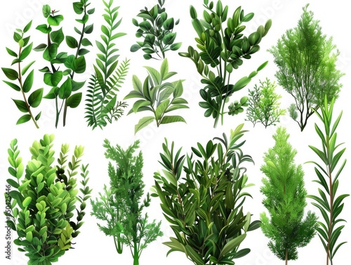 A collection of diverse plant species on a clean white surface photo