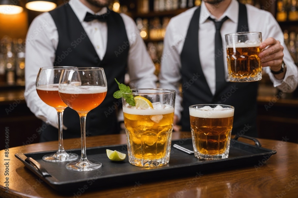 glasses alcohol cocktail set and beer on a waiter tray in bar glasses alcohol cocktail set and beer on a waiter tray in bar