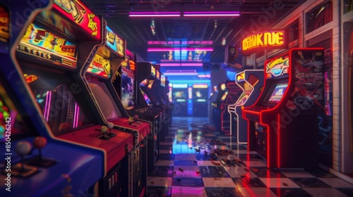  Retro gaming arcade with arcade cabinets flashing light © Софія Шахмартова