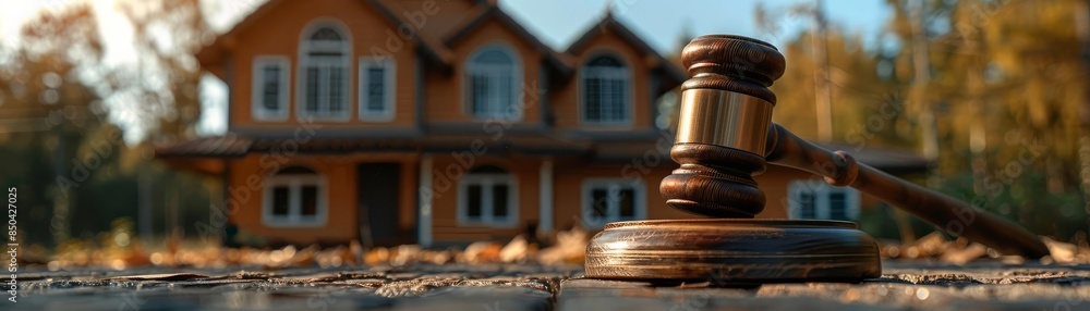 A gavel on a rustic surface in front of a house, evoking themes of justice, property law, and legal decisions A gavel on a rustic surface in front of a house, evoking themes of justice, property law, and legal decisions