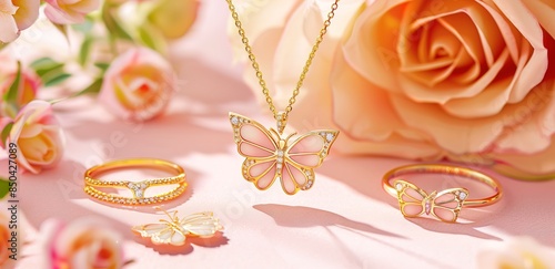 A gold necklace with a butterfly pendant and two rings beside it on a pink background