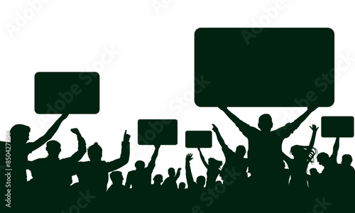 People holding banners on background of cheerful crowd people, silhouette. Audience agitation. Vector illustration
