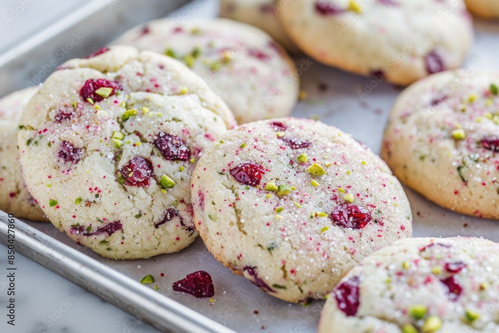 Freshly baked cookies filled with cranberries and pistachios, perfect for snacking or as a gift Freshly baked cookies filled with cranberries and pistachios, perfect for snacking or as a gift