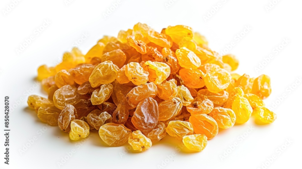 A pile of yellow raisins arranged on a white surface A pile of yellow raisins arranged on a white surface