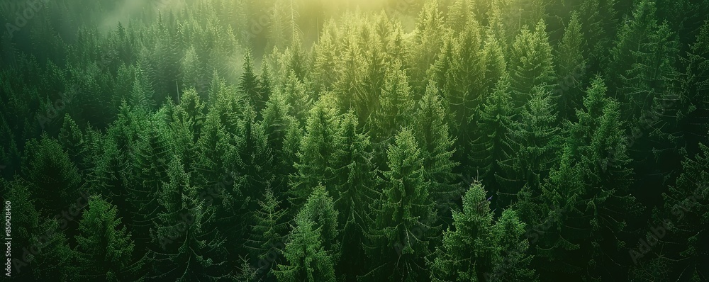 Photo of a green pine forest with light beams from the front Photo of a green pine forest with light beams from the front