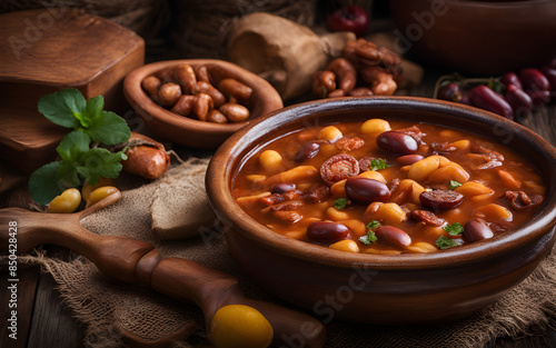 Spanish fabada asturiana, bean stew, chorizo, saffron photo