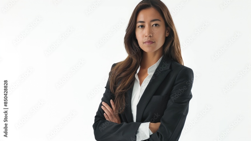 A professional woman stands confidently with her arms crossed, conveying authority and confidence A professional woman stands confidently with her arms crossed, conveying authority and confidence