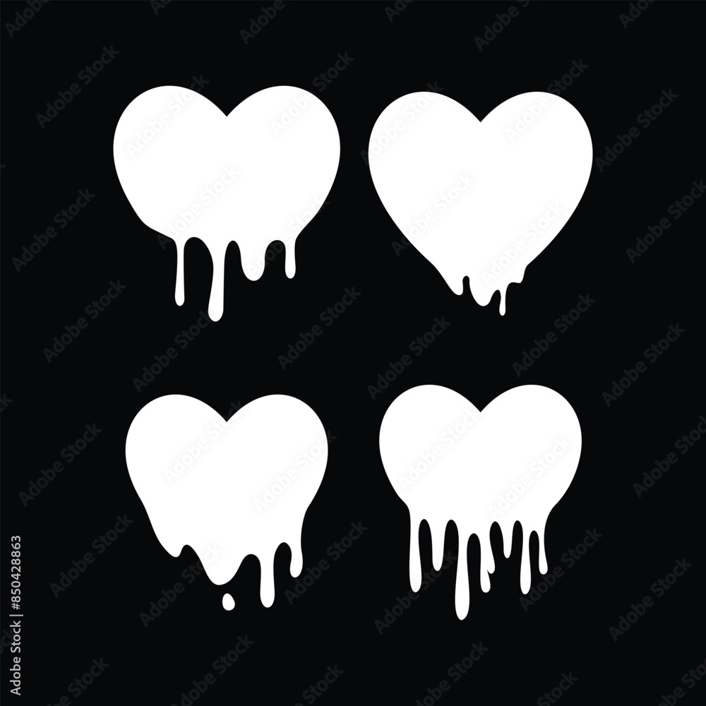 Paint dripping set of white hearts. Dripping ink. The white heart melts. Drops of black liquid. Melted paint. Vector sign Paint dripping set of white hearts. Dripping ink. The white heart melts. Drops of black liquid. Melted paint. Vector sign