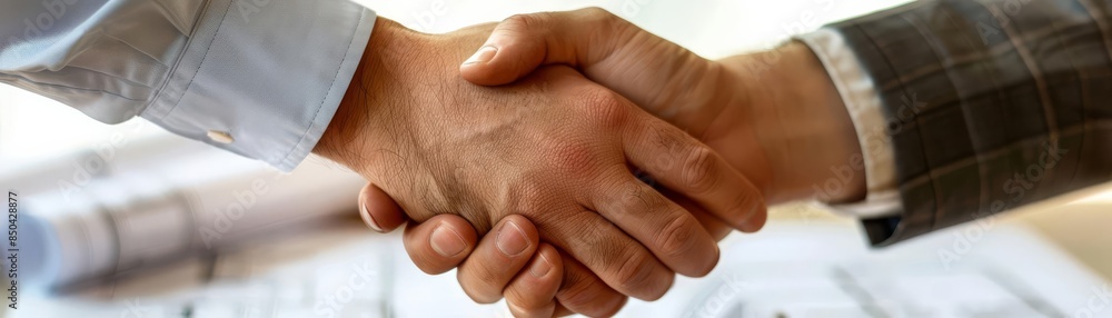 Closeup of a handshake between two businessmen over architectural blueprints and plans, symbolizing agreement and collaboration in a professional setting Closeup of a handshake between two businessmen over architectural blueprints and plans, symbolizing agreement and collaboration in a professional setting