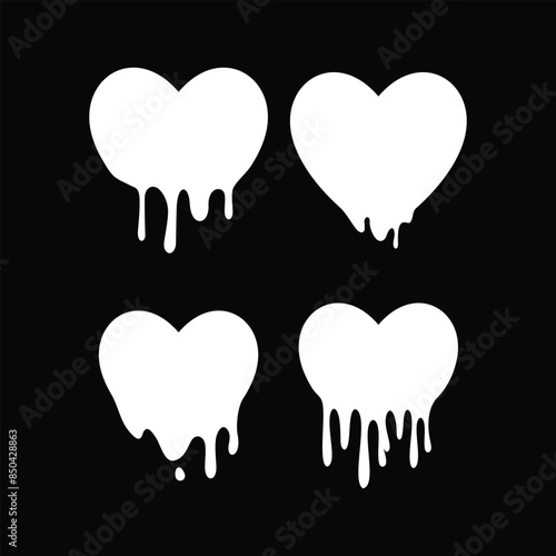 Paint dripping set of white hearts. Dripping ink. The white heart melts. Drops of black liquid. Melted paint. Vector sign
