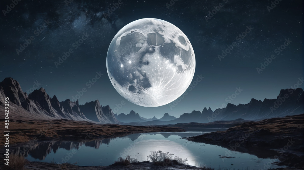 Mystical view of Earth's moon casting a silvery glow over a tranquil night landscape, Generative AI Mystical view of Earth's moon casting a silvery glow over a tranquil night landscape, Generative AI