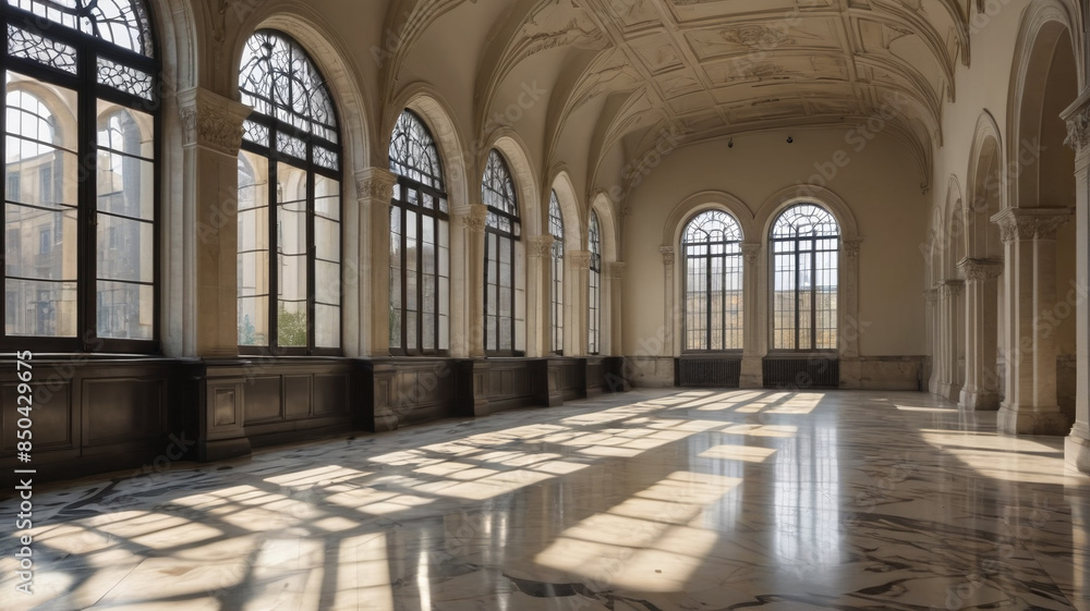 Obraz premium An empty historic hall bathed in sunlight streaming through tall arched windows, casting intricate shadows on the marble floor, Generative AI