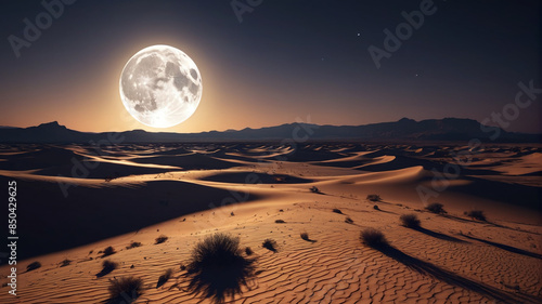 The full moon's bright light casting long shadows across a desolate desert landscape, Generative AI