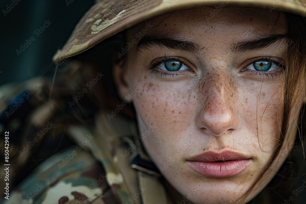 Generative AI illustration of female soldier in camouflage Generative AI illustration of female soldier in camouflage