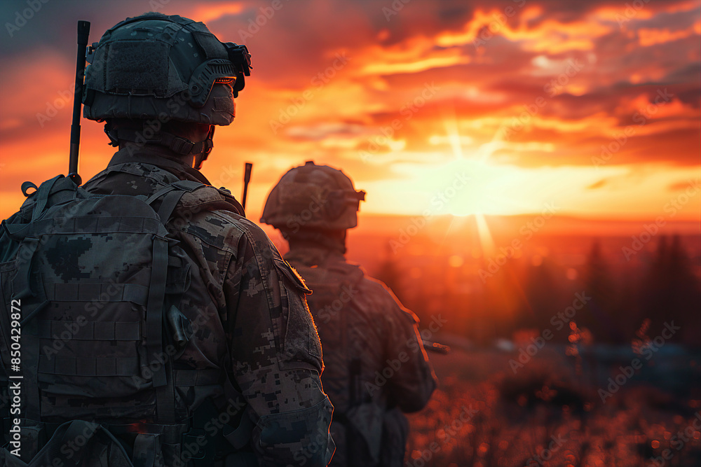Generative AI image of people on military operation mission sunset in field Generative AI image of people on military operation mission sunset in field