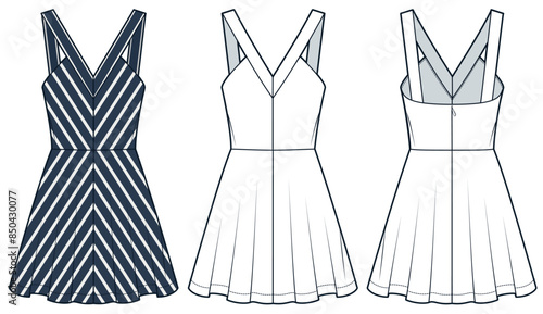 Flare Dress technical fashion illustration, stripe pattern. Low Neck Dress fashion flat technical drawing template, strap, back zipper, mini length, front and back view, white, women CAD mockup set.