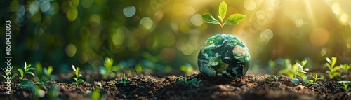 Earthshaped globe with a seedling growing from it, placed in fertile soil, surrounded by greenery, highlighting themes of ecology and conservation