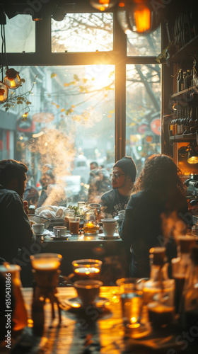 Friends enjoying coffee together in a cozy cafe, with warm light and steam rising from their cups, creating a welcoming atmosphere. POV Point of View shooting trend. © Мария Фадеева