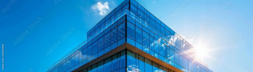 Modern glass office building with reflective windows against a bright blue sky, showcasing contemporary architecture and urban development Modern glass office building with reflective windows against a bright blue sky, showcasing contemporary architecture and urban development