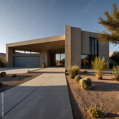 Contemporary Desert Residence with Concrete and Glass Facade, Bold Geometric Design, and Minimalist Garage Door