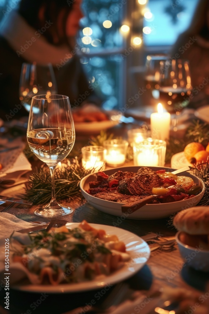 A table set with plates of food and glasses of wine, suitable for breakfast or dinner A table set with plates of food and glasses of wine, suitable for breakfast or dinner
