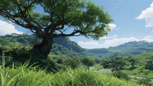 A single tree stands tall on a grassy hill, gazing out at the river below photo