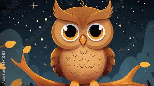 illustration of cute owl siting on branch at night photo