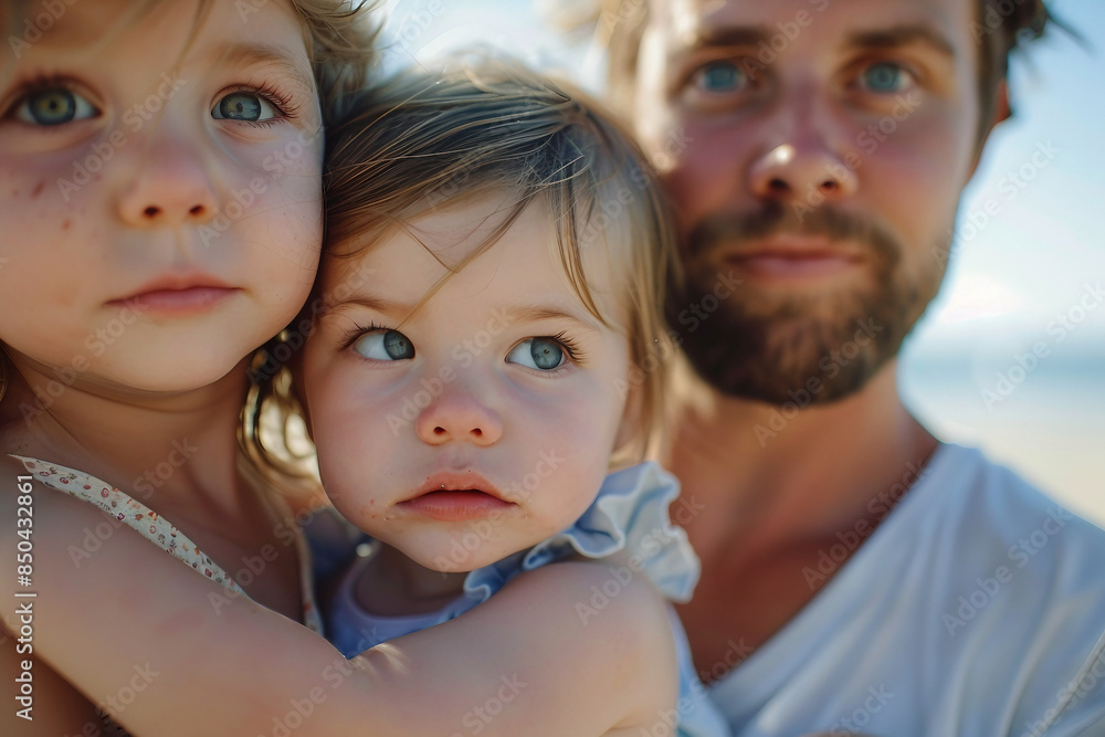 Happy full young family members with kids resting by the beach summer vacation time, Generative AI Happy full young family members with kids resting by the beach summer vacation time, Generative AI