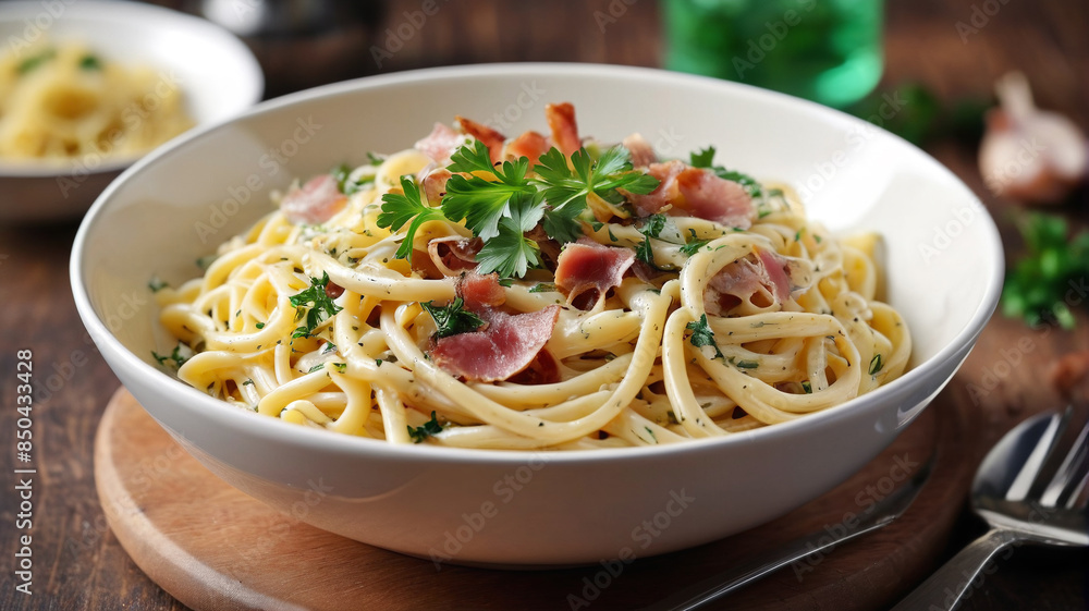 A delightful bowl of creamy carbonara pasta garnished with crispy pancetta and fresh parsley, Generative AI A delightful bowl of creamy carbonara pasta garnished with crispy pancetta and fresh parsley, Generative AI