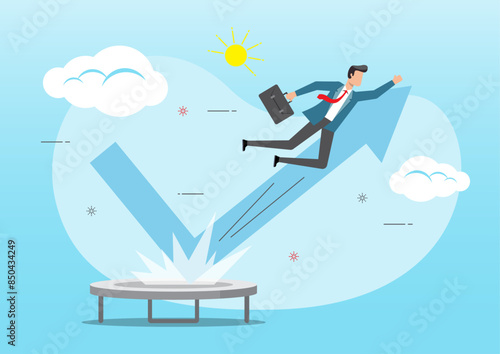 An illustration of Businessman jump bouncing high on trampoline with performance arrow graph. Profit and achievement concept.