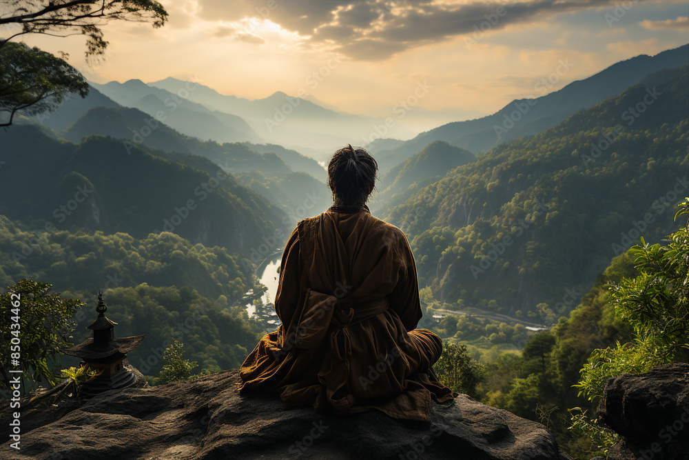 Fototapeta premium AI generated image of man practicing mindfulness and meditation or yoga in a peaceful natural environment