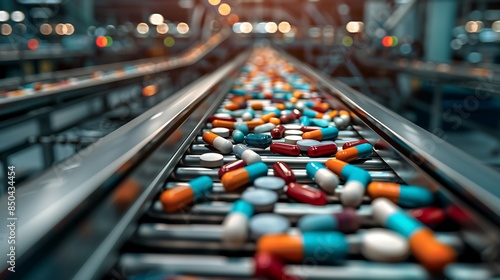 Conveyor belt in pharmaceutical manufacturing, colorful capsules and pills, medication production, healthcare industry © antusher