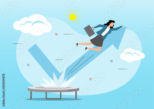 An illustration of Businesswoman jump bouncing high on trampoline with performance arrow graph. Profit and achievement concept. © tujuh17belas