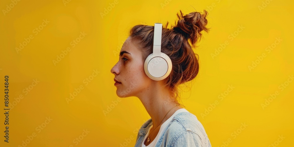 Fototapeta premium Woman wearing headphones against a bright yellow background