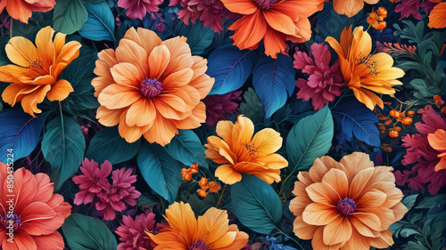 An exquisite floral print with vividly colored flowers and luxuriant leaves, imbuing elegance and charm into any setting, Generative AI