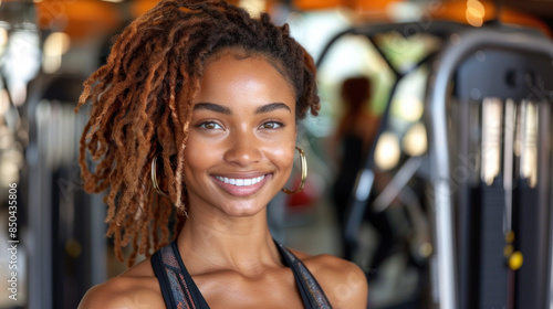 Portrait smiling young african american woman gym, standing strength, motivation. Happy athlete in fitness uniform, health wellbeing sport, exercise, aerobic workout. Smile positive in training room