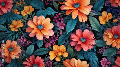 An exquisite floral print with vividly colored flowers and luxuriant leaves, imbuing elegance and charm into any setting, Generative AI