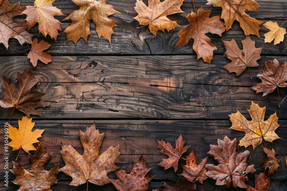 Obraz premium Wooden Background with autumn leaves. Natural rustic design. Top View with Copy Space