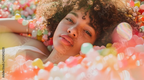 A woman with curly hair laying in a field of gumdrops photo